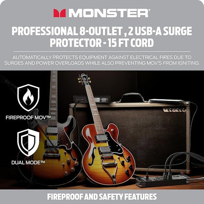Monster Pro MI Professional Surge Protector Power Strip with Fireproof MOV Technology for Computers, Amplifiers, Pedal Boards, and Pro Audio Gear - 1960 Joule, 15 ft Cord, 8 Outlet, 2 USB