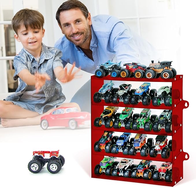 Assembly Monster Trucks Display Case Holding for 20 Monster Trucks Acrylic Storage Case 5 Tiers Monster Trucks Organizer with Tilted Design, Display Case for Toy Trucks (Red)