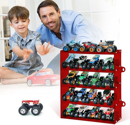 Assembly Monster Trucks Display Case Holding for 20 Monster Trucks Acrylic Storage Case 5 Tiers Monster Trucks Organizer with Tilted Design, Display Case for Toy Trucks (Red)