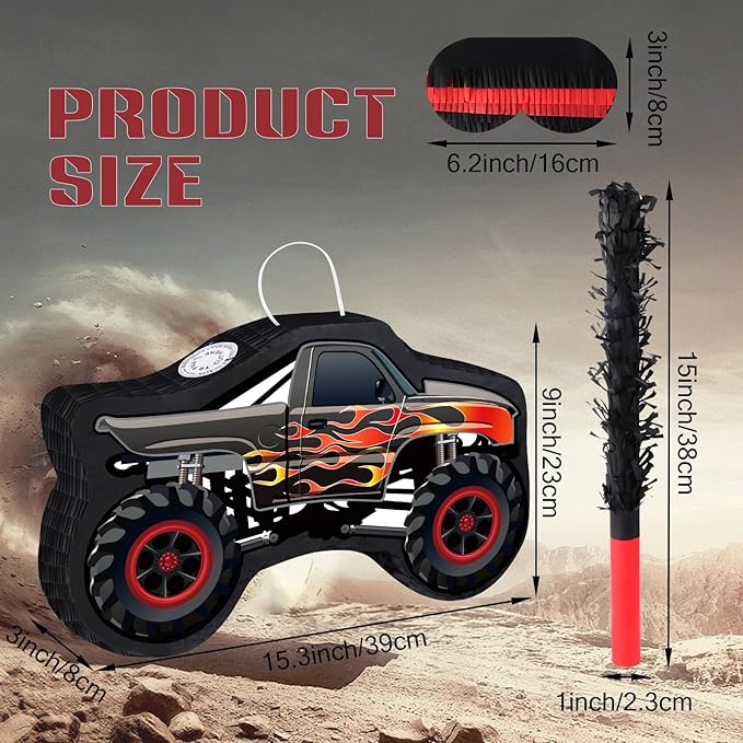 Car Pinata with Stick & Hanging Loop Mexican Pinata Game for Monster Truck Party Decorations Race Car Theme Birthday Carnival Party Supplies