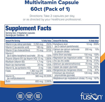 Bariatric Fusion Bariatric Multivitamin Without Iron | Post Bariatric Surgery Patients | Iron Free Bariatric Vitamin for Gastric Bypass and Sleeve Gastrectomy | 60 Capsules | 1 Month Supply