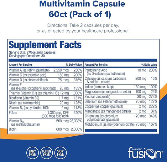 Bariatric Fusion Bariatric Multivitamin Without Iron | Post Bariatric Surgery Patients | Iron Free Bariatric Vitamin for Gastric Bypass and Sleeve Gastrectomy | 60 Capsules | 1 Month Supply