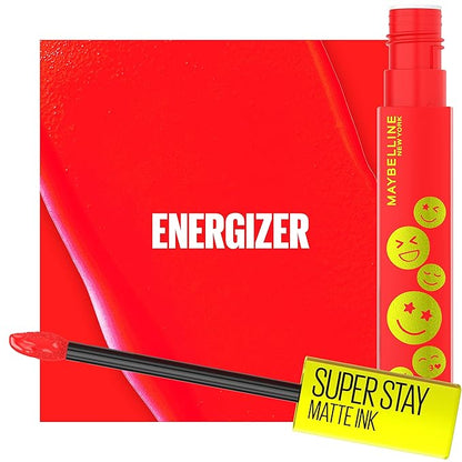 Maybelline Super Stay Matte Ink Liquid Lip Color, Moodmakers Lipstick Collection, Long Lasting, Transfer Proof Lip Makeup, Energizer, Bright Red, 1 Count