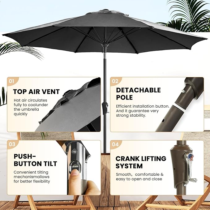 Ayge 9FT Large Outdoor Patio Umbrella Market Table Umbrella-UV Resistant, Easy Push Button Tilt and Crank, 8 Sturdy Fiberglass Ribs Heavy-Duty Pool Umbrella for Deck, Backyard,Garden