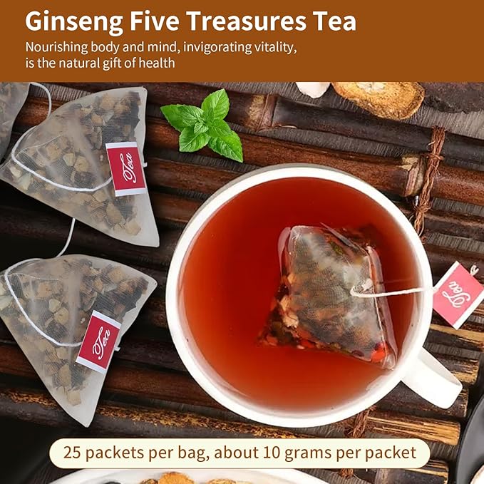 Premium Ginseng Five Treasure Tea - Nourishing Formula with Red Dates & Six Precious Herbs,Chinese Herbal Blend for Men and Women, 2 Pack (50 Tea Bags)