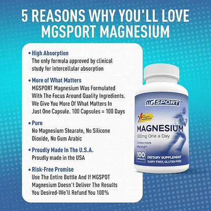Magnesium Supplement Complex MGSPORT - High Absorption Supplement with Vitamins B6, D, E - Relieves Leg Cramps & Muscle Support - 100 Servings