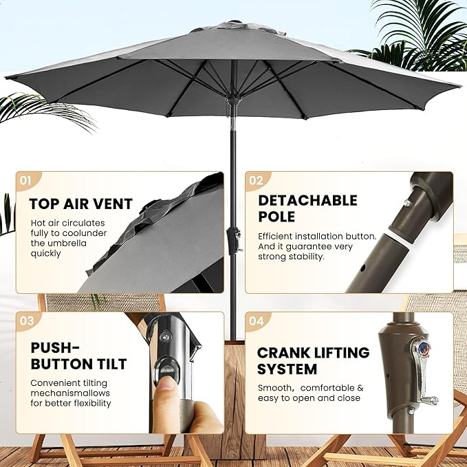 Ayge 9FT Large Outdoor Patio Umbrella Market Table Umbrella-UV Resistant, Easy Push Button Tilt and Crank, 8 Sturdy Fiberglass Ribs Heavy-Duty Pool Umbrella for Deck, Backyard,Garden