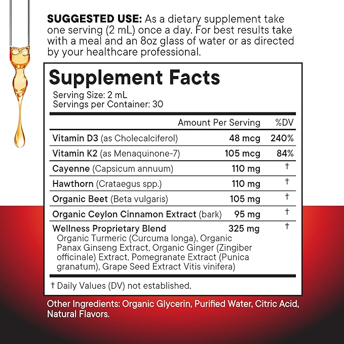 Cayenne Pepper Supplement Liquid Drops + Hawthorn Berry, Vitamin D3 K2 Beet Root Powder, Ceylon Cinnamon, Turmeric Curcumin, Organic Panax Ginseng - 6oz