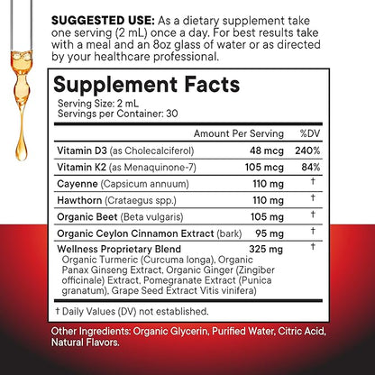 Cayenne Pepper Supplement Liquid Drops + Hawthorn Berry, Vitamin D3 K2 Beet Root Powder, Ceylon Cinnamon, Turmeric Curcumin, Organic Panax Ginseng - 6oz