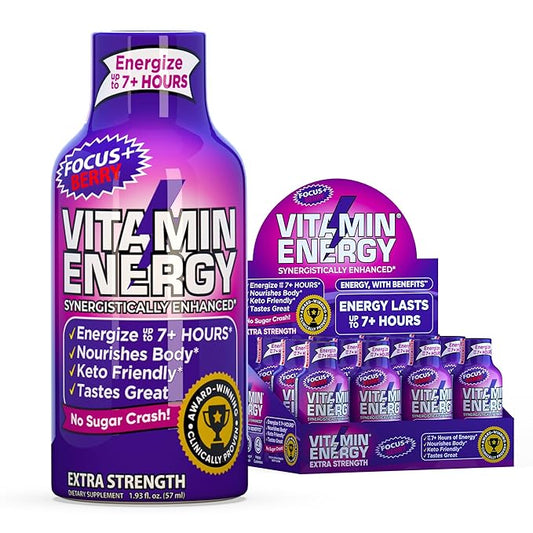 Vitamin Energy Focus+ Extra Strength Daily Energy Shot – Berry – 260mg Natural Caffeine, 100% DV B-Vitamins – Focus & Productivity Support – Zero Sugar, Vegan, Kosher – 1.93 fl oz, 12-Pack