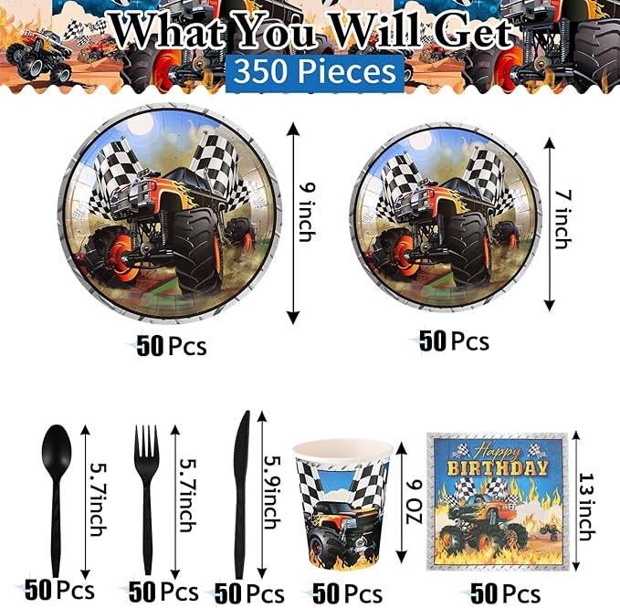 350 Pcs Monster Truck Theme Party Supplies Serves 50 Guests Racing Car Birthday Decorations Tableware Set Include Plates Napkins Cup Knives Spoon Fork for Race Car Truck Birthday Party Favors
