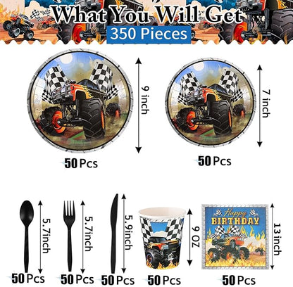 350 Pcs Monster Truck Theme Party Supplies Serves 50 Guests Racing Car Birthday Decorations Tableware Set Include Plates Napkins Cup Knives Spoon Fork for Race Car Truck Birthday Party Favors