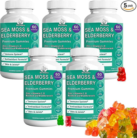 BIO VITALICA Sea Moss Gummies Elderberry BioVitalica - Vitamin C D + Zinc - Irish Seamoss Vegan Gummy with Sea Moss Gel & Powder for Immunity, Detox - for Adults and Kids (5Packs)