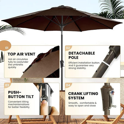 Ayge 9FT Large Outdoor Patio Umbrella Market Table Umbrella-UV Resistant, Easy Push Button Tilt and Crank, 8 Sturdy Fiberglass Ribs Heavy-Duty Pool Umbrella for Deck, Backyard,Garden