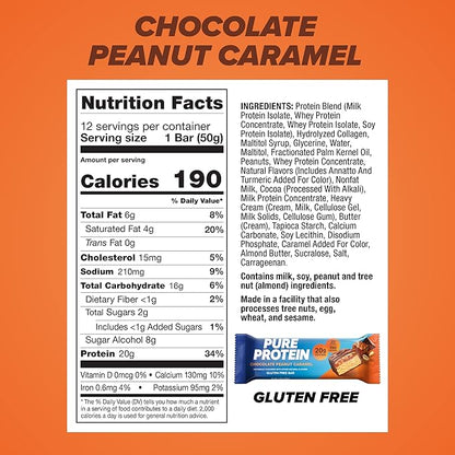Pure Protein Bars, High Protein, Nutritious Snacks to Support Energy, Low Sugar, Gluten Free, Chocolate Peanut Caramel, 1.76oz, 12 Count (Pack of 1) (Packaging May Vary)