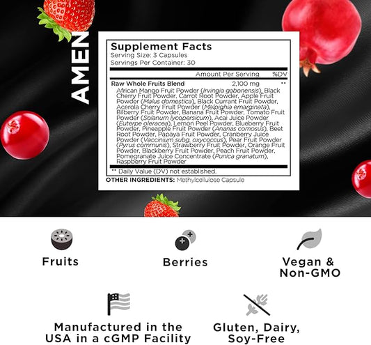 Amen Fruits, Daily Fruits Vitamins Supplements, Over 20 Whole Fruit Extracts - Raw Multivitamin, Berries, Antioxidant Polyphenols Superfood & Flavonoids - Tropical Fruits - Non-GMO - 90 Capsules