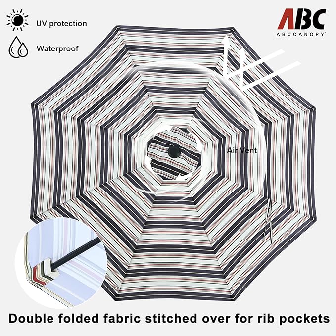 ABCCANOPY 9FT Outdoor Patio Umbrella, 8 Ribs Table Umbrella w/Crank for Easy Set Up, Suitable for Garden, Lawn, Deck & Backyard (Dark Blue Stripes)