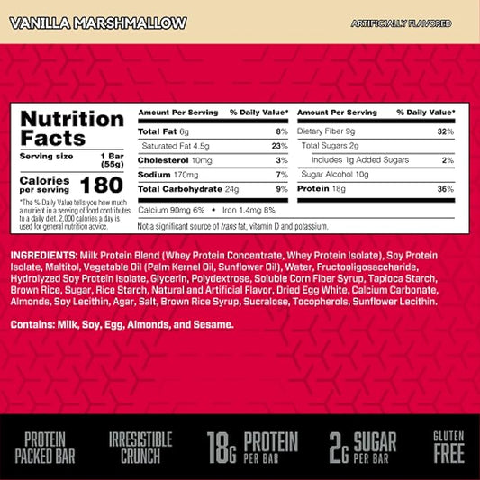 BSN Protein Crisp Bar, Protein Snack Bars, Crunch Bars with Whey Protein and Fiber, Gluten Free, Vanilla Marshmallow, 12 Count (Packaging May Vary)