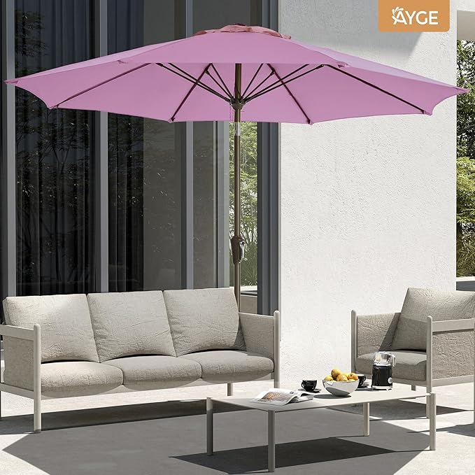 Ayge 9FT Large Outdoor Patio Umbrella Market Table Umbrella-UV Resistant, Easy Push Button Tilt and Crank, 8 Sturdy Fiberglass Ribs Heavy-Duty Pool Umbrella for Deck, Backyard,Garden
