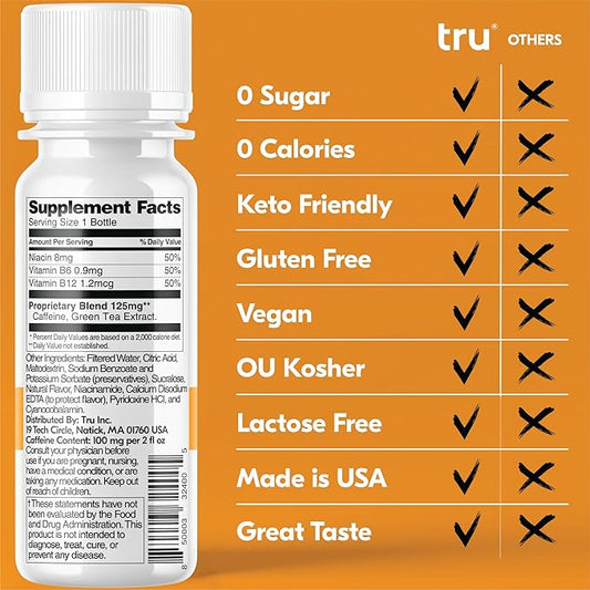 Tru Energy Shot, Orange Mango Flavored Extra Strength Energy Shots - Zero Sugar Energy Drink plus Vitamin B3, B6, B12, and Green Tea - Natural Caffeine, GF, Keto, Vegan Supplement, 2oz (Pack of 24)