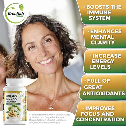 Ginko Biloba & Panax Ginseng Supplement - Red Ginseng Brain Supplement for Memory and Focus - Ginkgo Biloba Supplements for Good Vision, Immune System and Improved Blood Flow - 120 Tablets