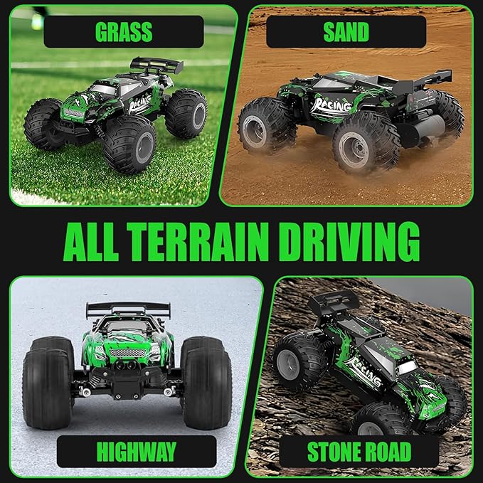 Remote Control Car, 2.4GHz High Speed 18KM/H Monster Truck Toys, 4WD RC Car with 2 Rechargeable Batteries, 200ft Range, 1:20 Scale All Terrain RC Cars, Toys Gifts for Kids and Adults - LED Headlights