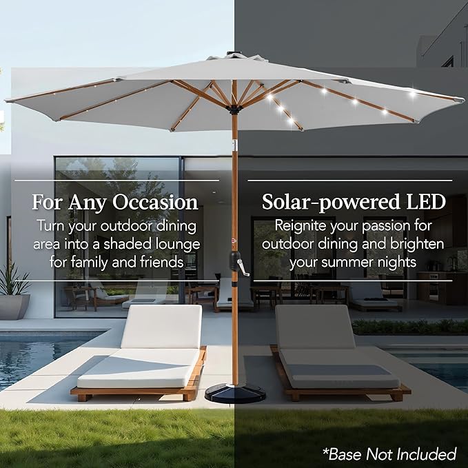 Best Choice Products 10ft Solar Market Patio Umbrella w/Woodgrain Pattern Pole, LED Lights, Tilt & Crank – Outdoor Sun Shade for Backyard Table, Deck, Poolside – Fog Gray