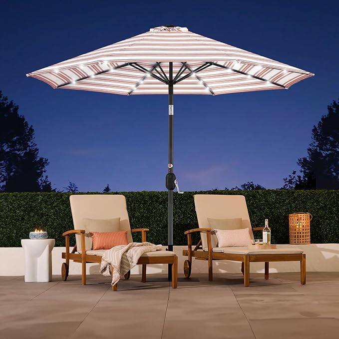 Best Choice Products 10ft Solar Polyester LED Lighted Patio Umbrella w/Tilt Adjustment and UV-Resistant Fabric - Striped Rust