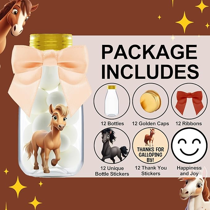 Small 12 Pack Horse Party Favors - DIY Candy Jars with Ribbons and Stickers - Cowboy Party Decoration Bottles for Birthday, School Classroom, and Baby Shower - Horse Racing Table Centerpiece