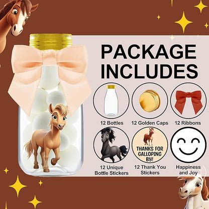 Small 12 Pack Horse Party Favors - DIY Candy Jars with Ribbons and Stickers - Cowboy Party Decoration Bottles for Birthday, School Classroom, and Baby Shower - Horse Racing Table Centerpiece