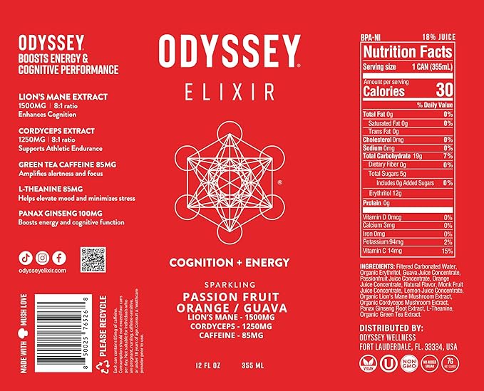 Odyssey Elixir Cognition + Sustainable Energy - Lion's Mane, Cordyceps, L Theanine, Ginseng & 85mg Green Tea Caffeine - 0 Added Sugar - No Jitters or Crash - Passion Fruit Orange Guava - 12 oz, 12 Pk