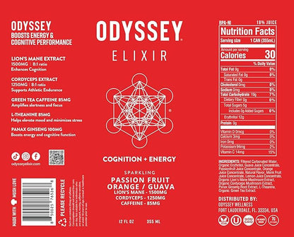 Odyssey Elixir Cognition + Sustainable Energy - Lion's Mane, Cordyceps, L Theanine, Ginseng & 85mg Green Tea Caffeine - 0 Added Sugar - No Jitters or Crash - Passion Fruit Orange Guava - 12 oz, 12 Pk