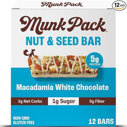 Munk Pack Nut & Seed Snack Bar - 6g Protein, 1g Sugar, 3g Net Carbs, Low Sugar, Keto, and Gluten Free Snack for Adults and Kids, Macadamia White Chocolate – 4.92 oz, 12 Pack