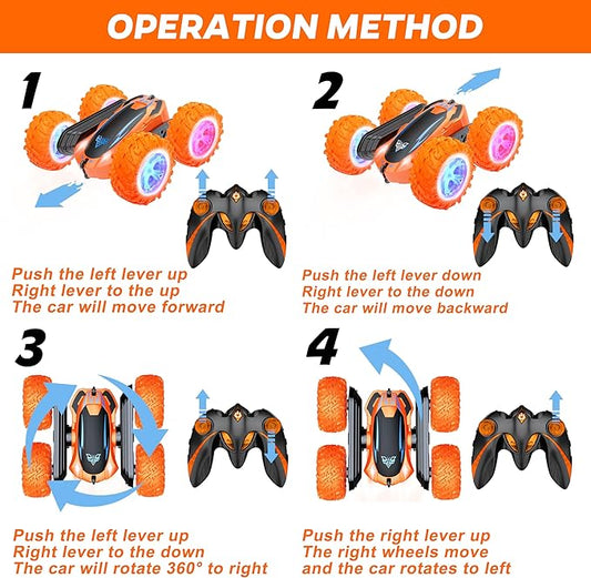 Remote Control Car, 2.4GHz Electric Race Stunt Car, Double Sided 360° Rolling Rotating Rotation, LED Headlights RC 4WD High Speed Off Road Gift for 3 4 5 6 7 8-12 Year Old Boy Toys (Orange)