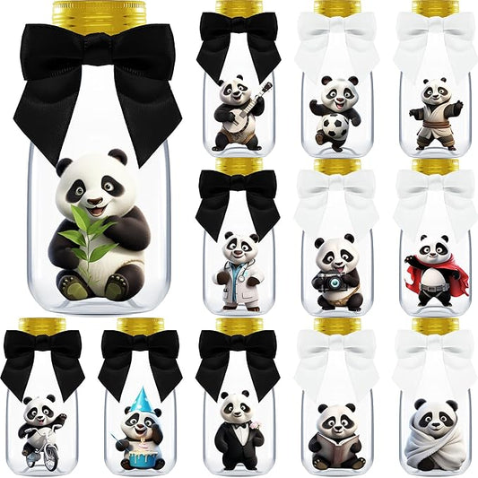 Small 12 Pack Panda Party Favors - DIY Candy Jars with Ribbons and Stickers - Party Decoration Bottles for Birthday, School Classroom, and Baby Shower - Panda Table Centerpieces for Kids