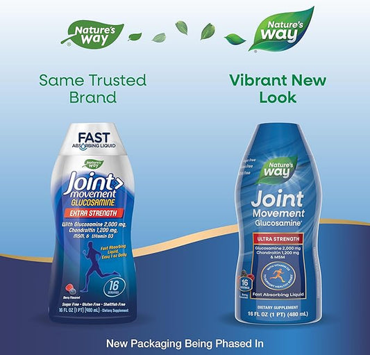 Nature's Way Joint Movement Glucosamine Fast Absorbing Liquid, Ultra Strength, Supports Healthy Bones*, Chondroitin, and MSM with Vitamin D3, Berry Flavored, 16 Fl Oz (Packaging May Vary)