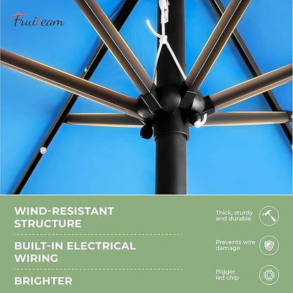 FRUITEAM 7 1/2 ft Solar LED Umbrella Solar Powered Umbrella Polyester LED Lighted Patio Umbrella w/Tilt Adjustment and Fade-Resistant Fabric - Sky Blue