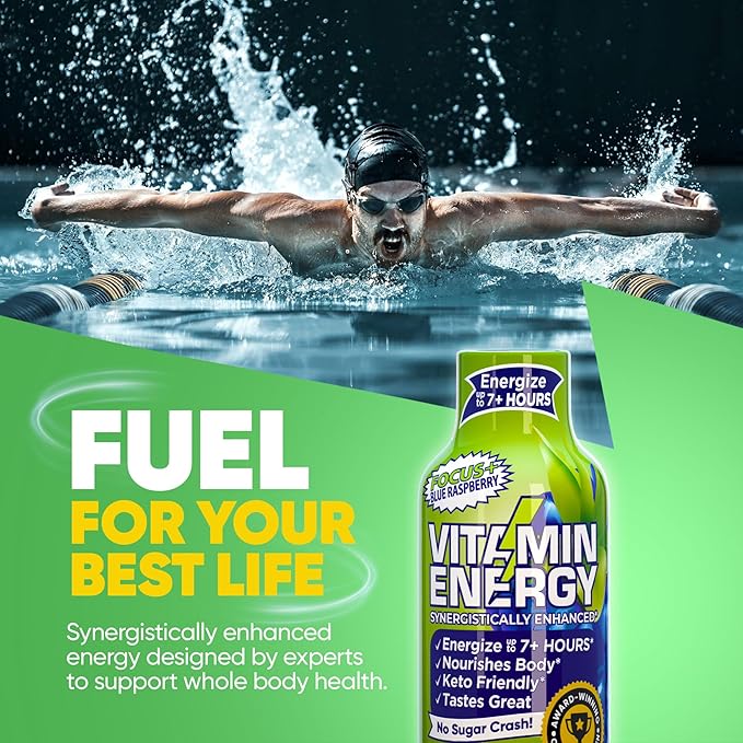 Vitamin Energy Focus+ Extra Strength Daily Energy Shot – Blue Raspberry – 260mg Natural Caffeine, 100% DV B-Vitamins – Focus & Productivity Support – Zero Sugar, Vegan, Kosher – 1.93 fl oz, 12-Pack