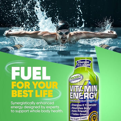 Vitamin Energy Focus+ Extra Strength Daily Energy Shot – Blue Raspberry – 260mg Natural Caffeine, 100% DV B-Vitamins – Focus & Productivity Support – Zero Sugar, Vegan, Kosher – 1.93 fl oz, 12-Pack