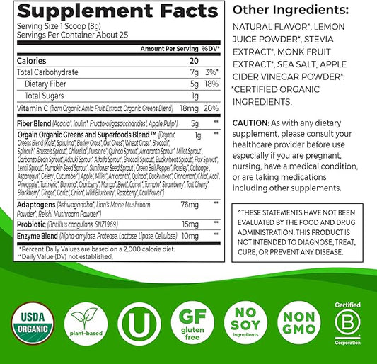 Orgain Organic Wonder Gut Fiber Supplement Powder, 5 in 1 Blend with 1 Billion Probiotics, Greens, Vitamin C, Adaptogens for Gut Health and Immune Support, Non-GMO, Orange Mango, 7.05 oz