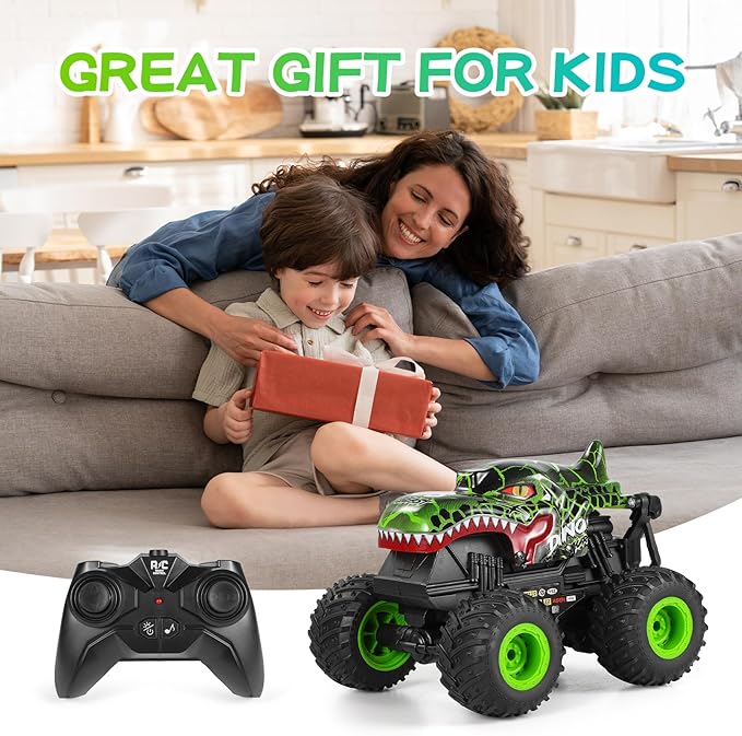 DYODYORC Remote Control Car, 2.4Ghz All Terrain Dinosaur Monster Truck Toys, RC Truck with Music, 3 Lighting Effects, 360 Stunt Capable, All included Ready to Run, Toy Gifts for Boys and Girls (Green)