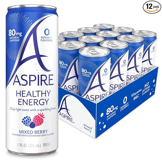 ASPIRE® Mixed Berry, Healthy Energy Drink with Low Caffeine, No Sugar, Carbs, and Keto Friendly, 12 Pack