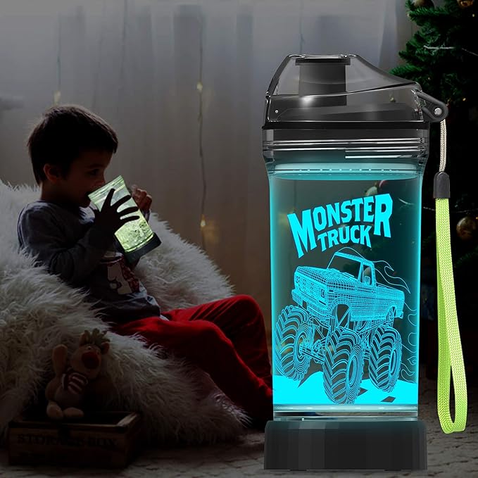 Lightzz Kids Water Bottle with 3D Glowing Monster Truck LED Light - 14 OZ Tritan BPA Free - Creative Ideal Travel Cup Car Race Gift for School Kid Boy Child Holiday Camping Picnic