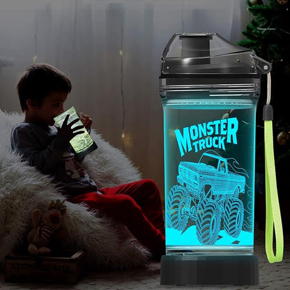 Lightzz Kids Water Bottle with 3D Glowing Monster Truck LED Light - 14 OZ Tritan BPA Free - Creative Ideal Travel Cup Car Race Gift for School Kid Boy Child Holiday Camping Picnic