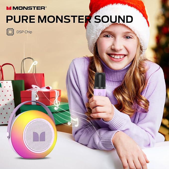 Monster Mini Karaoke Machine for Kids Adults, Portable Bluetooth Speakers with 2 Wireless Microphones and Lights, Christmas Birthday Gifts Toys for Girls Boys 4, 5, 6, 7, 8, 9, 10, 12+ Toddler