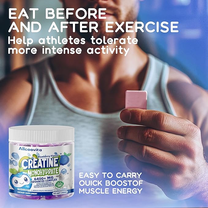 Creatine Monohydrate Chews Complex 6400mg for Men & Women -Advanced Formula W/L-Taurine + Vitamin B12, Sugar Free Chewable Supplement,60 Blueberry Softchews