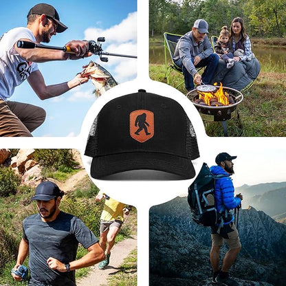 Mesh Bigfoot Hat Leather Cap for Men- Great Snapback Closure Sasquatch Hat for Hunting & Hiking