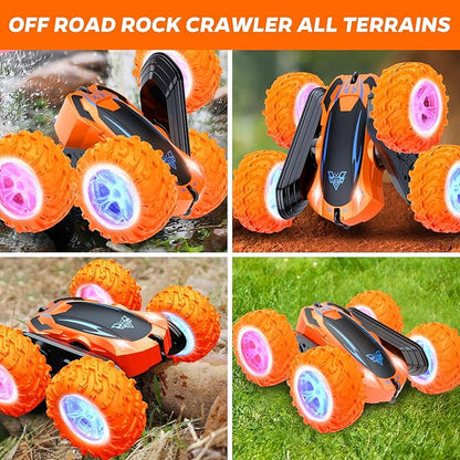 Remote Control Car, 2.4GHz Electric Race Stunt Car, Double Sided 360° Rolling Rotating Rotation, LED Headlights RC 4WD High Speed Off Road Gift for 3 4 5 6 7 8-12 Year Old Boy Toys (Orange)