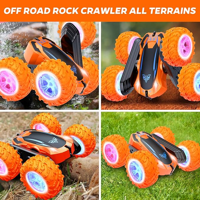 Remote Control Car, 2.4GHz Electric Race Stunt Car, Double Sided 360° Rolling Rotating Rotation, LED Headlights RC 4WD High Speed Off Road Gift for 3 4 5 6 7 8-12 Year Old Boy Toys (Orange)