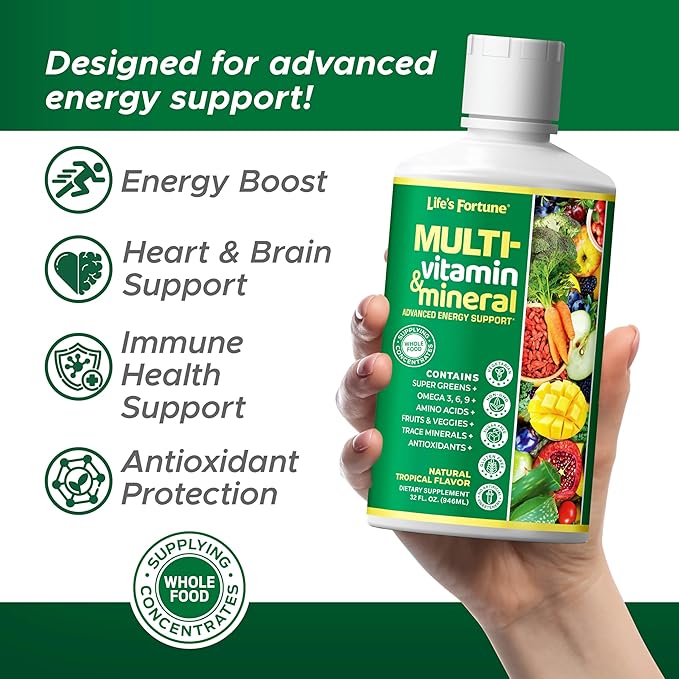 Life's Fortune Liquid Multivitamin, Tropical Flavor, Sugar Free, 32 oz – High Absorption Daily Vitamins for Adults Men & Women, Teens – Trace Minerals, Amino Acids, with Biotin, L-Arginine, Potassium